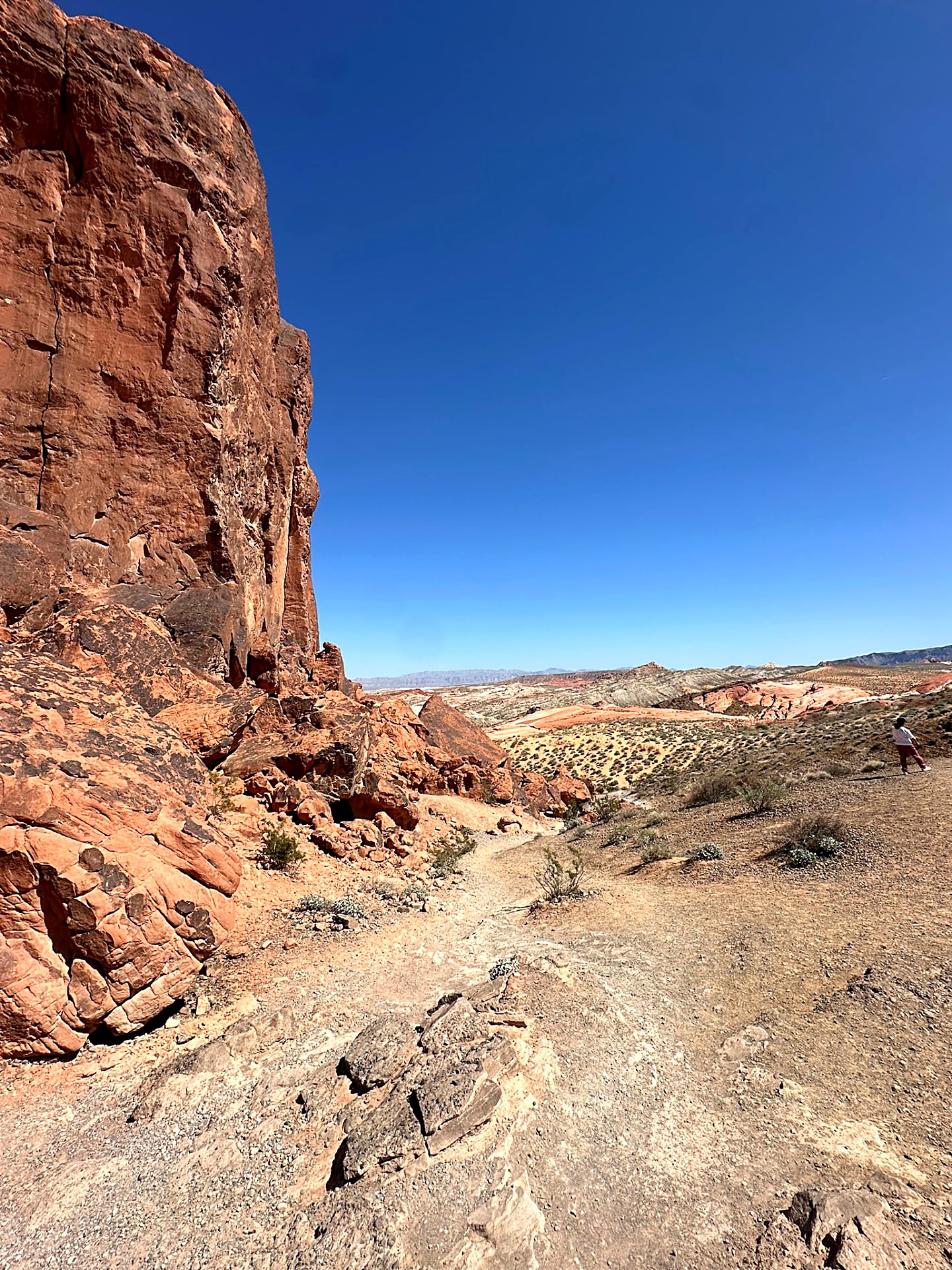 Tall red rock face beside an open desert plain and distant mountains