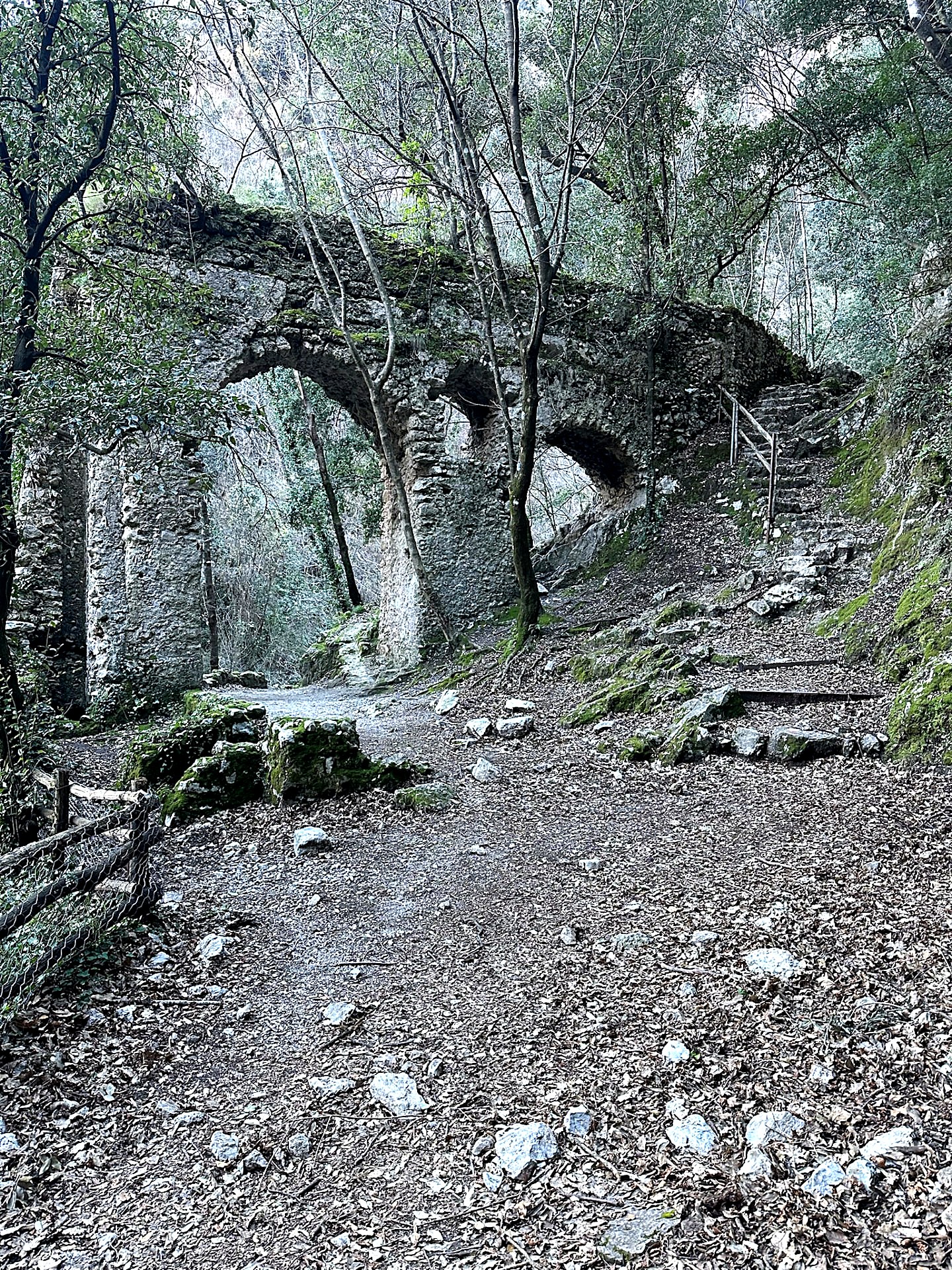 Old moss-covered stone arch bridge in a wooded ravine