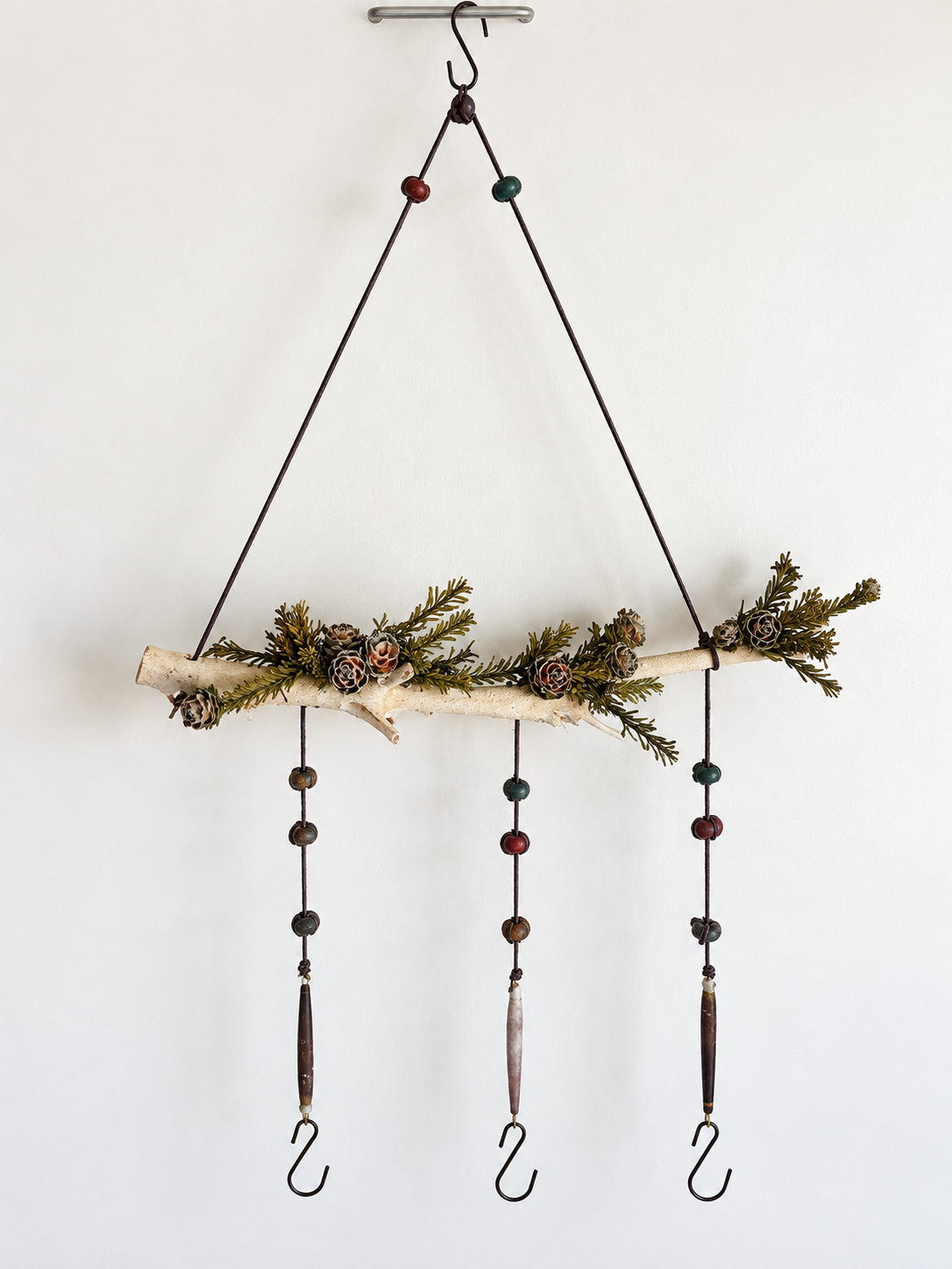 Birch branch hanger with cedar roses, preserved cedar, stone beads, sea urchin spines and three hooks