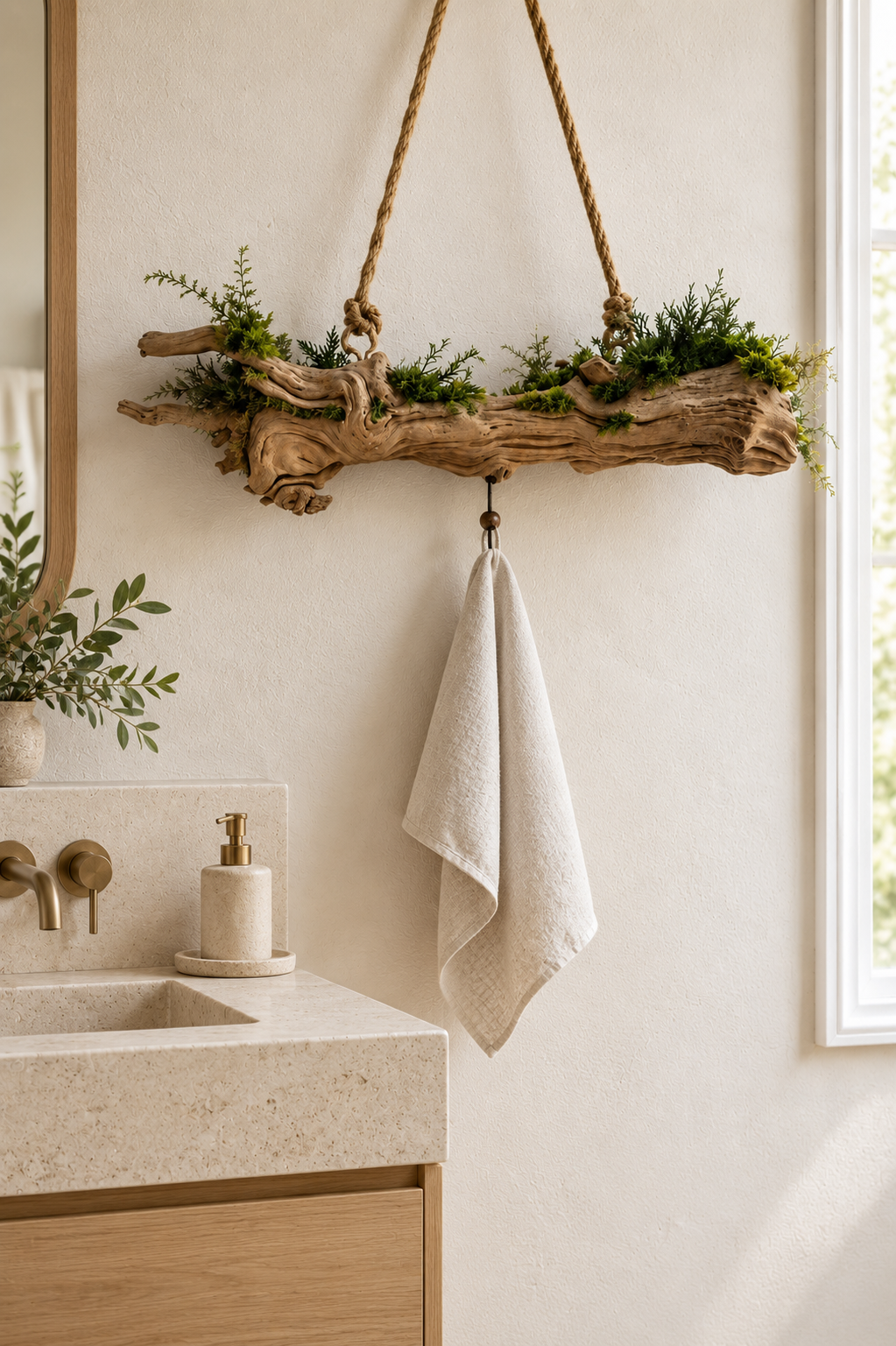Driftwood towel holder with preserved moss hanging above a stone bathroom sink