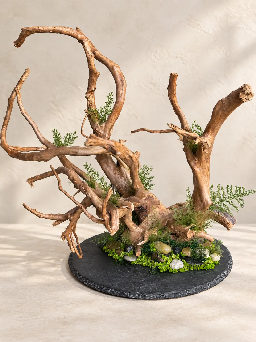 Driftwood sculpture with preserved fern, moss and river stones on a round slate base