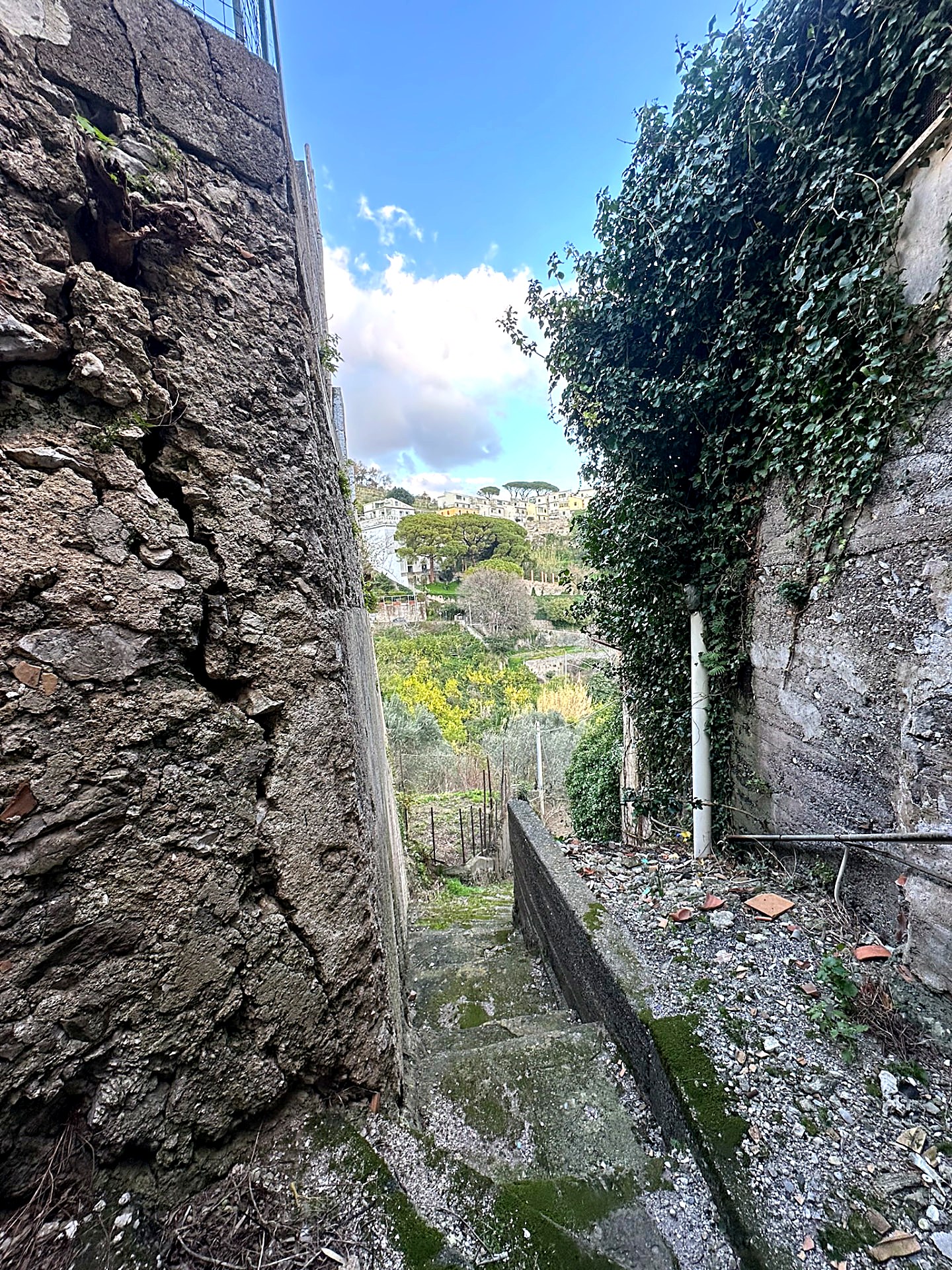 Narrow stone passage opening onto a hillside of trees and houses