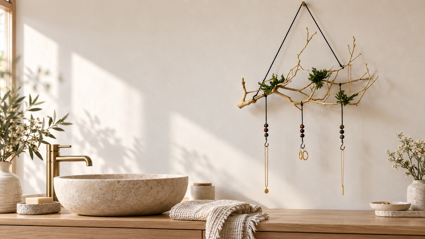 Pale branch jewelry hanger with preserved greenery and beaded hooks holding gold jewelry