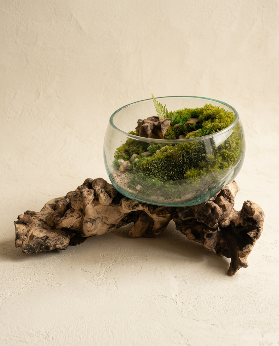 Blown glass bowl of preserved moss and driftwood