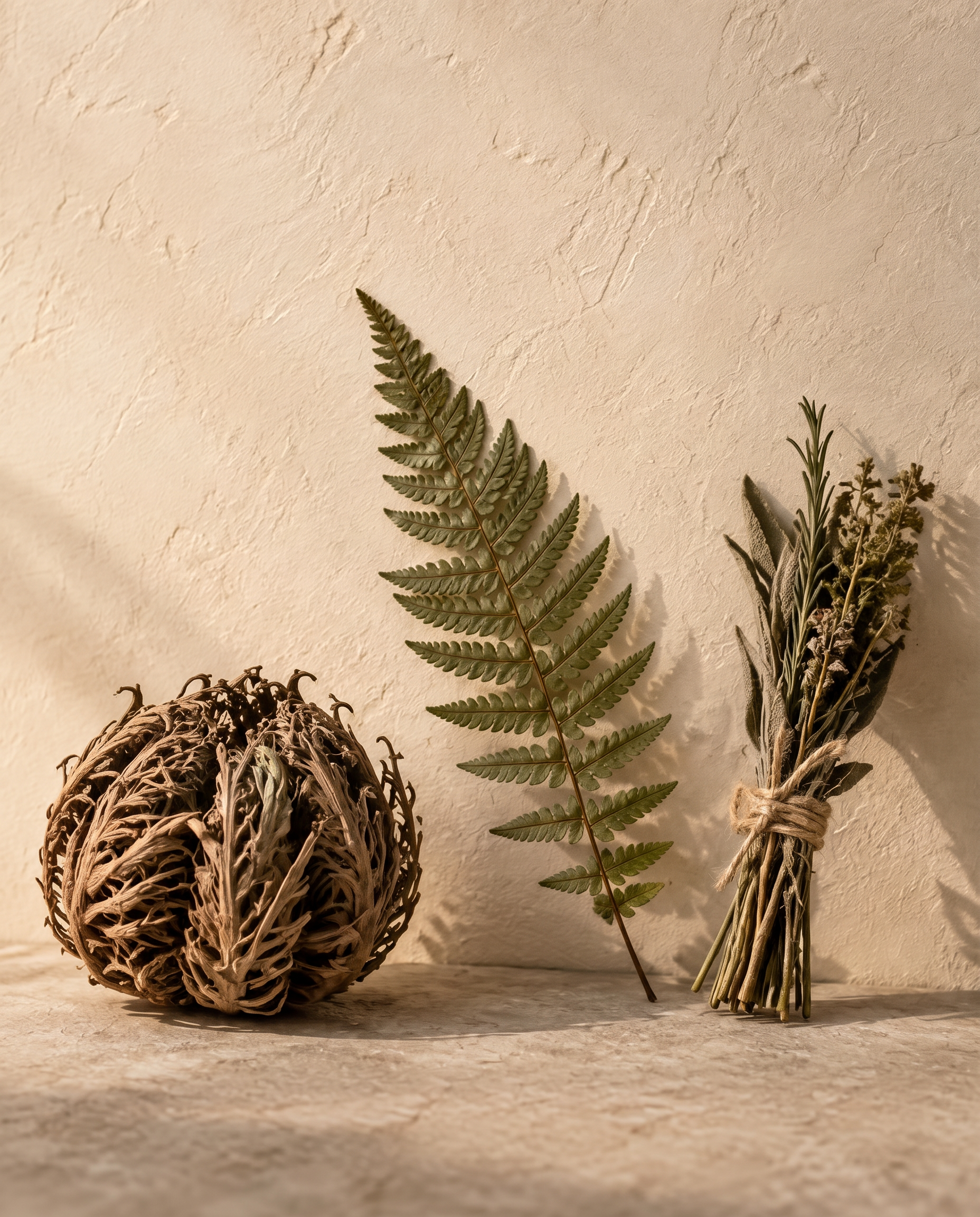Dried rose of Jericho, a preserved fern frond and a hemp-tied bundle of preserved herbs against a cream wall