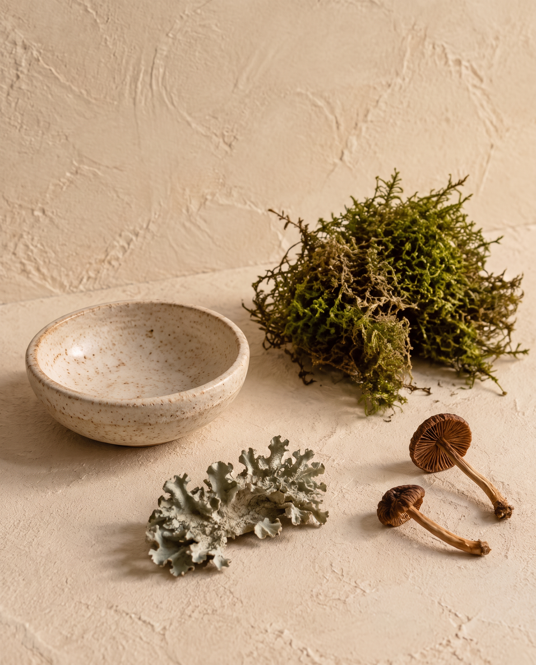 Speckled stoneware dish beside preserved moss, grey-green lichen and two dried mushrooms on a cream surface
