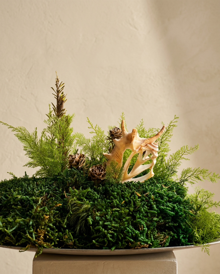 Preserved moss centerpiece with cedar spires and a conch shell