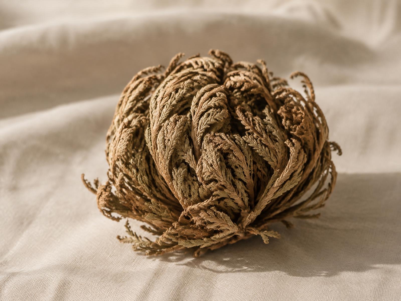 A preserved rose of Jericho, one of the natural materials Esther sources